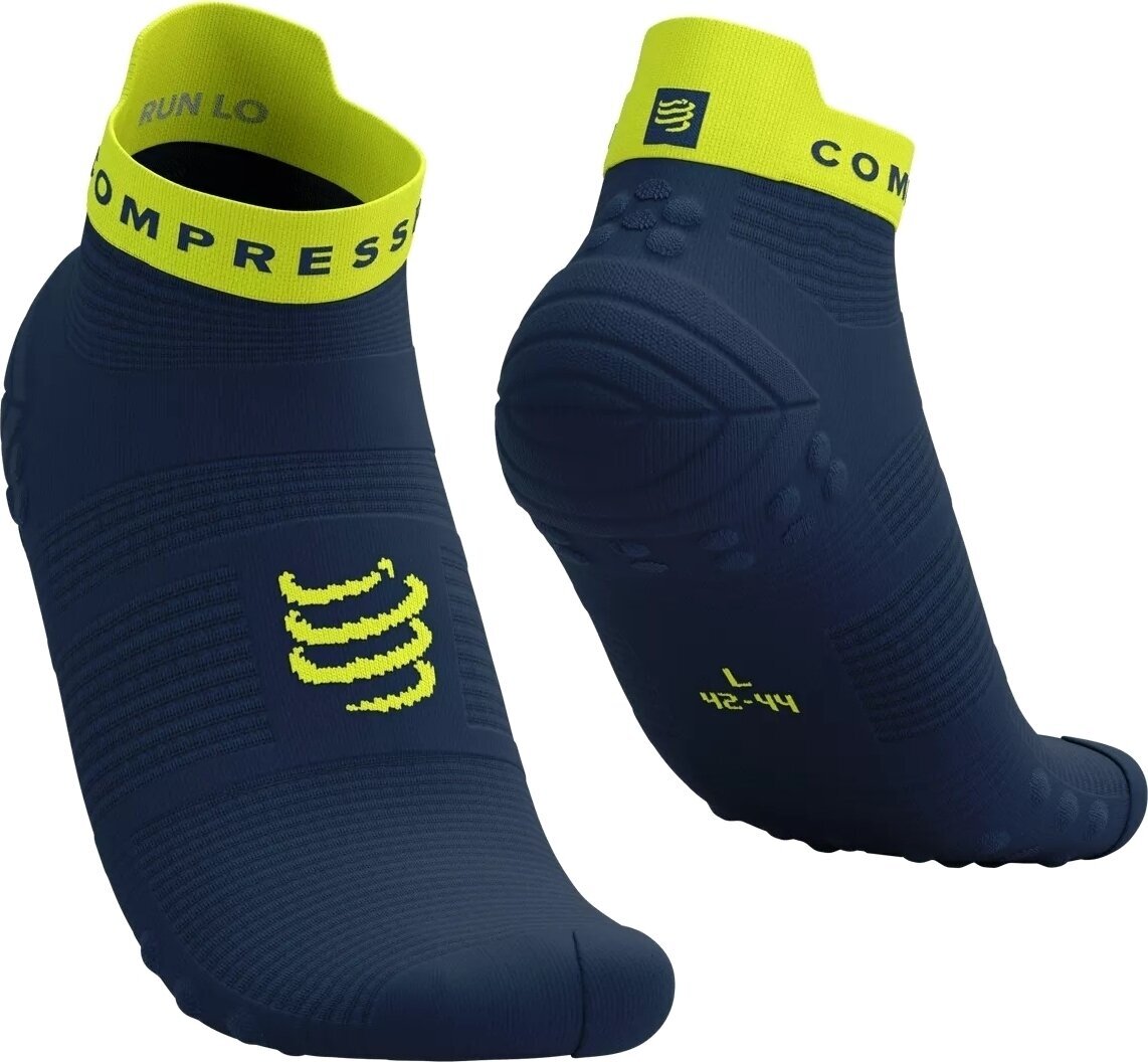 Meias de corrida Compressport Pro Racing Socks V4.0 Run Low Dress Blues/Green Sheen T1 Meias de corrida
