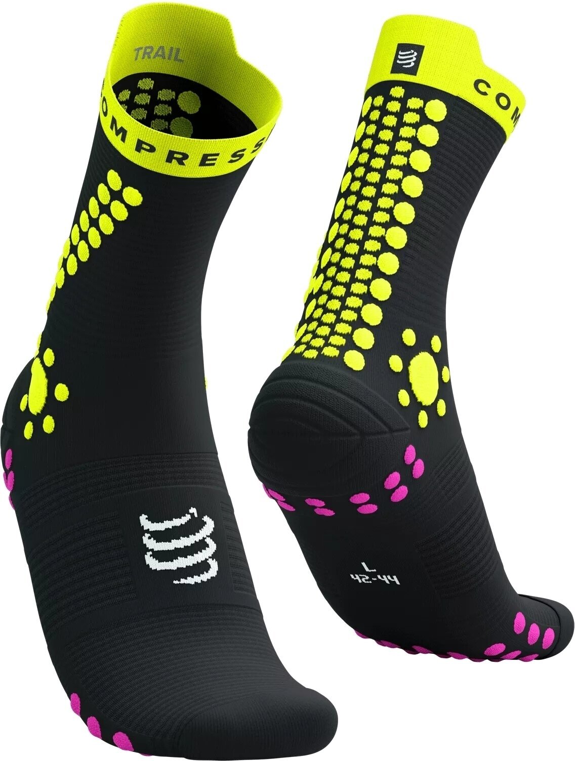 Meias de corrida Compressport Pro Racing Socks V4.0 Trail Black/Safety Yellow/Neon Pink T1 Meias de corrida