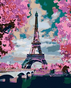 Diamantové malování Zuty Eiffelova věž a růžové stromy - 1