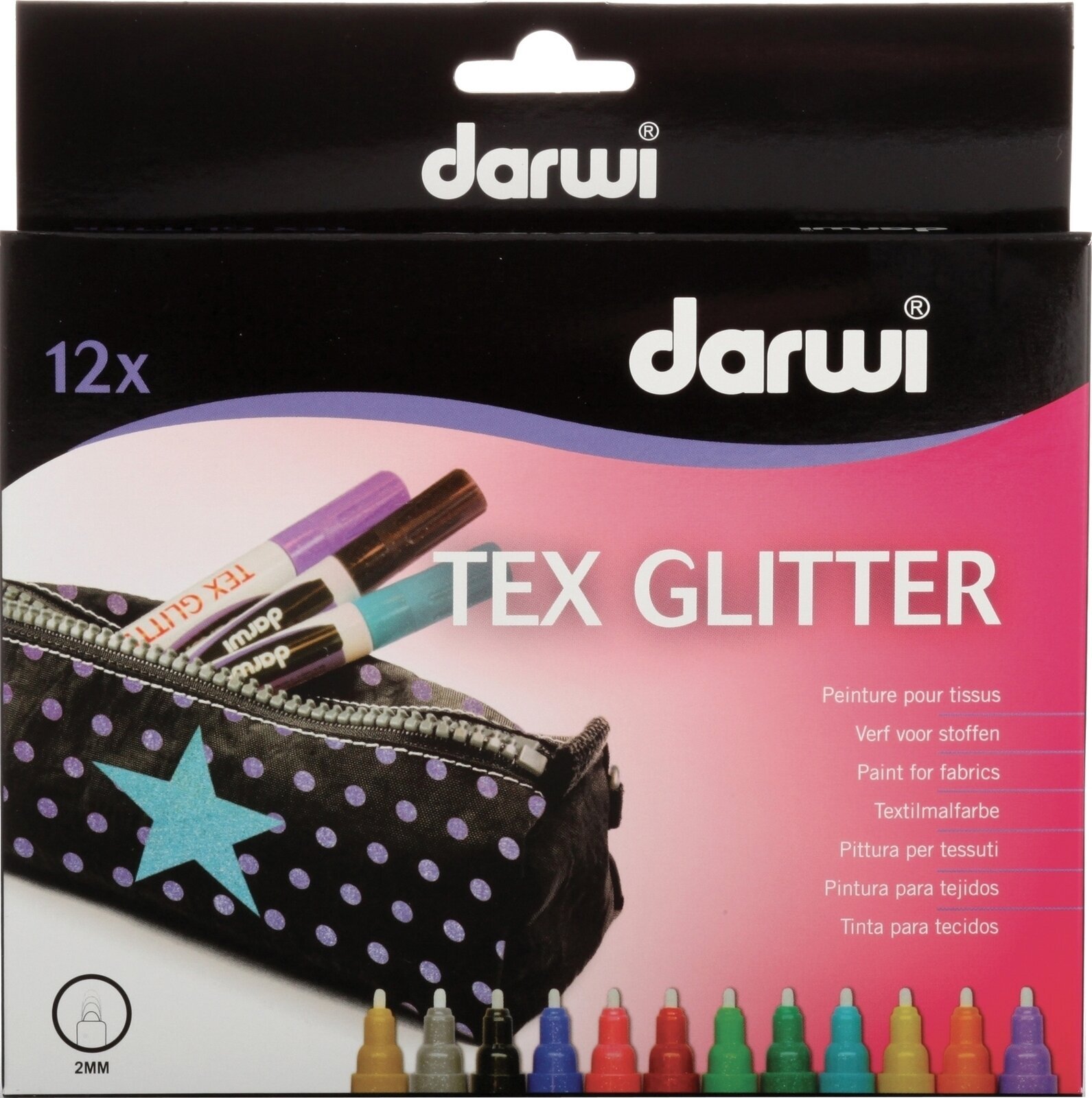 Filtpen Darwi Tex Fabric Glitter Marker Set Sæt med tekstilmarkører Mix 12 x 6 ml