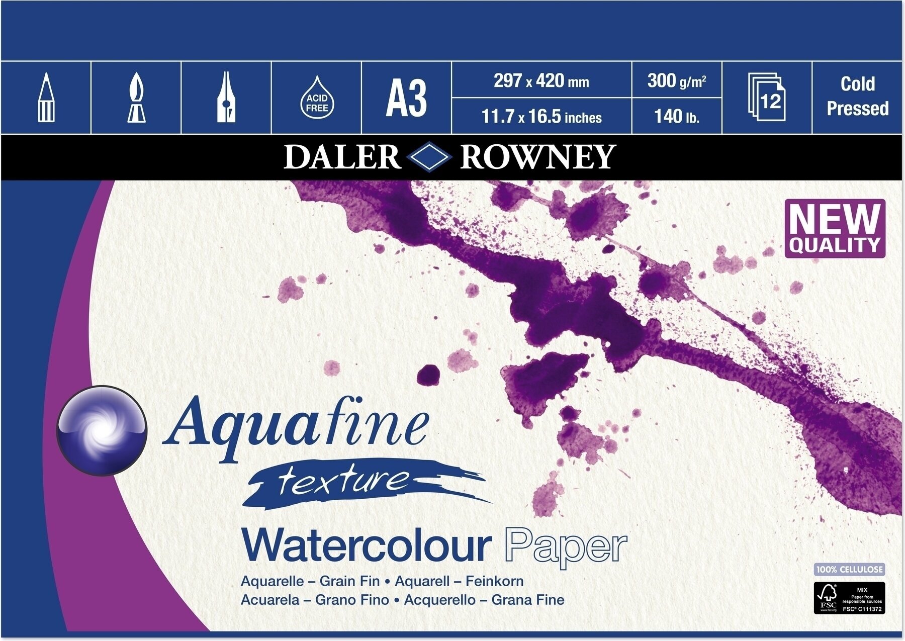 Livro de desenho Daler Rowney Aquafine Texture Watercolour Paper Aquafine A3 300 g Livro de desenho
