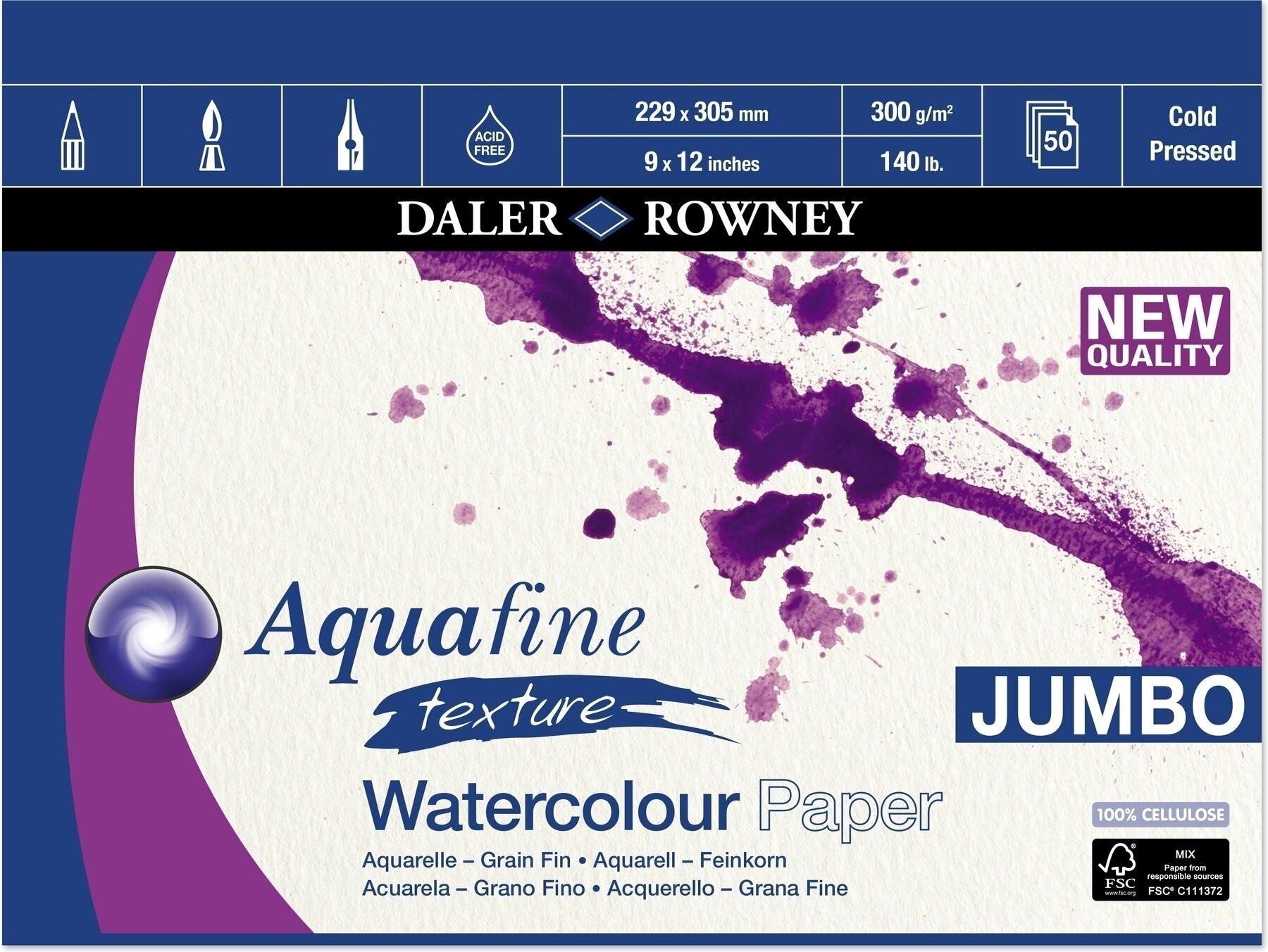 Vázlattömb Daler Rowney Aquafine Texture Watercolour Paper Aquafine 22,9 x 30,5 cm 300 g Vázlattömb
