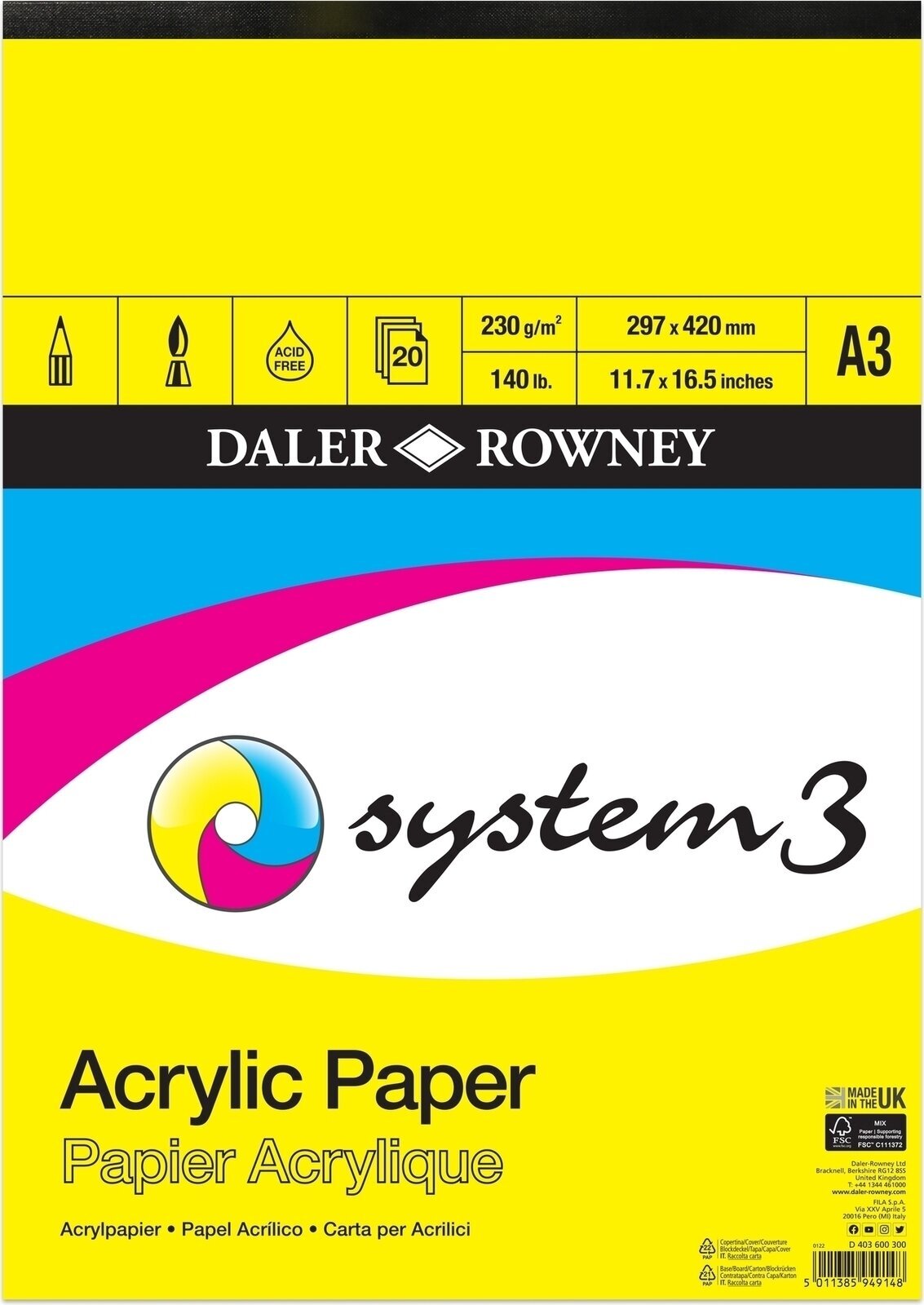Bloc de dibujo Daler Rowney System3 Acrylic Paper System3 A3 230 g Bloc de dibujo