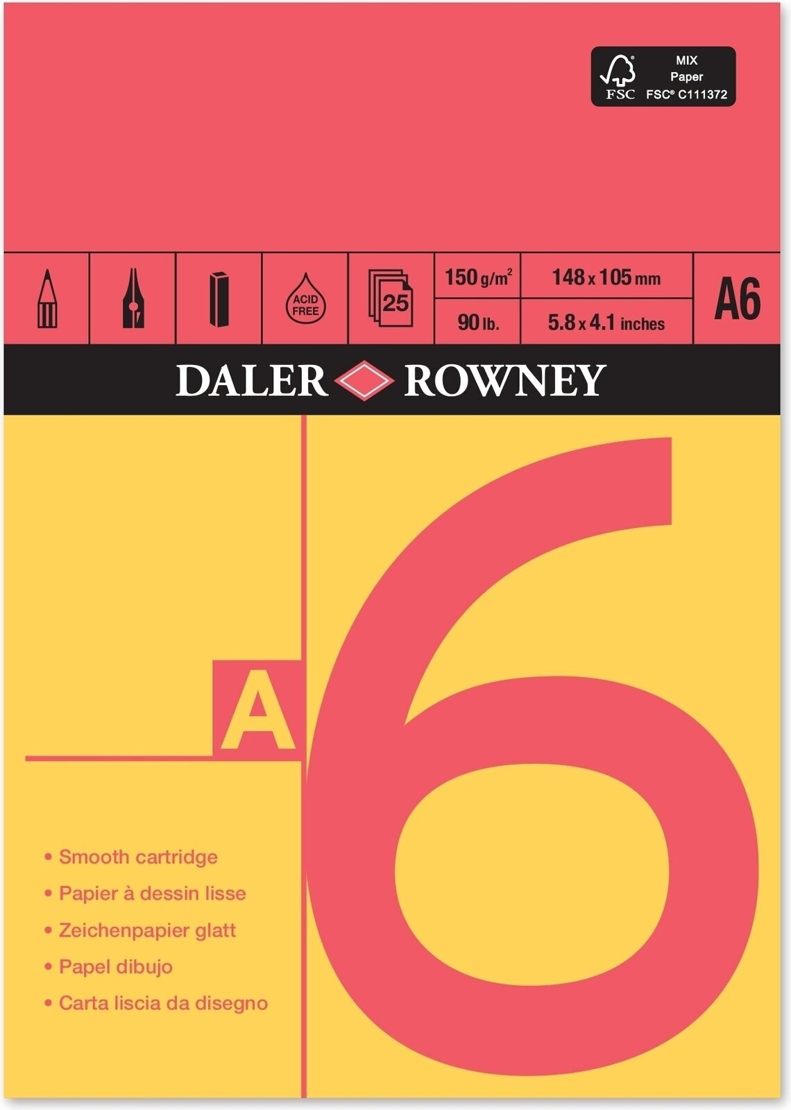 Vázlattömb Daler Rowney Red and Yellow Drawing Paper A6 150 g Vázlattömb