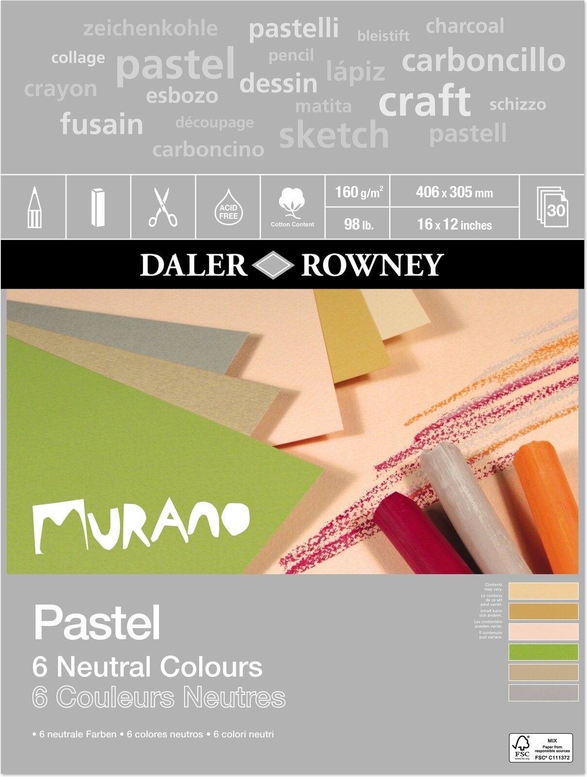 Luonnosvihko Daler Rowney Murano Pastel Paper 40,6 x 30,5 cm 160 g Neutral Colours Luonnosvihko
