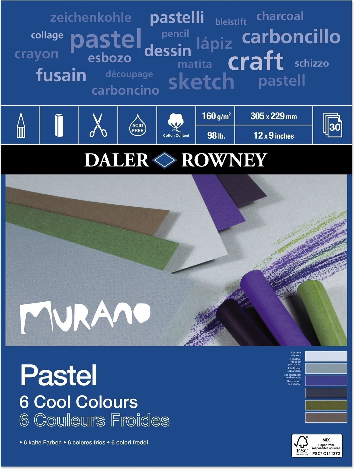 Bloc de dibujo Daler Rowney Murano Pastel Paper 30,5 x 22,9 cm 160 g Cool Colours Bloc de dibujo