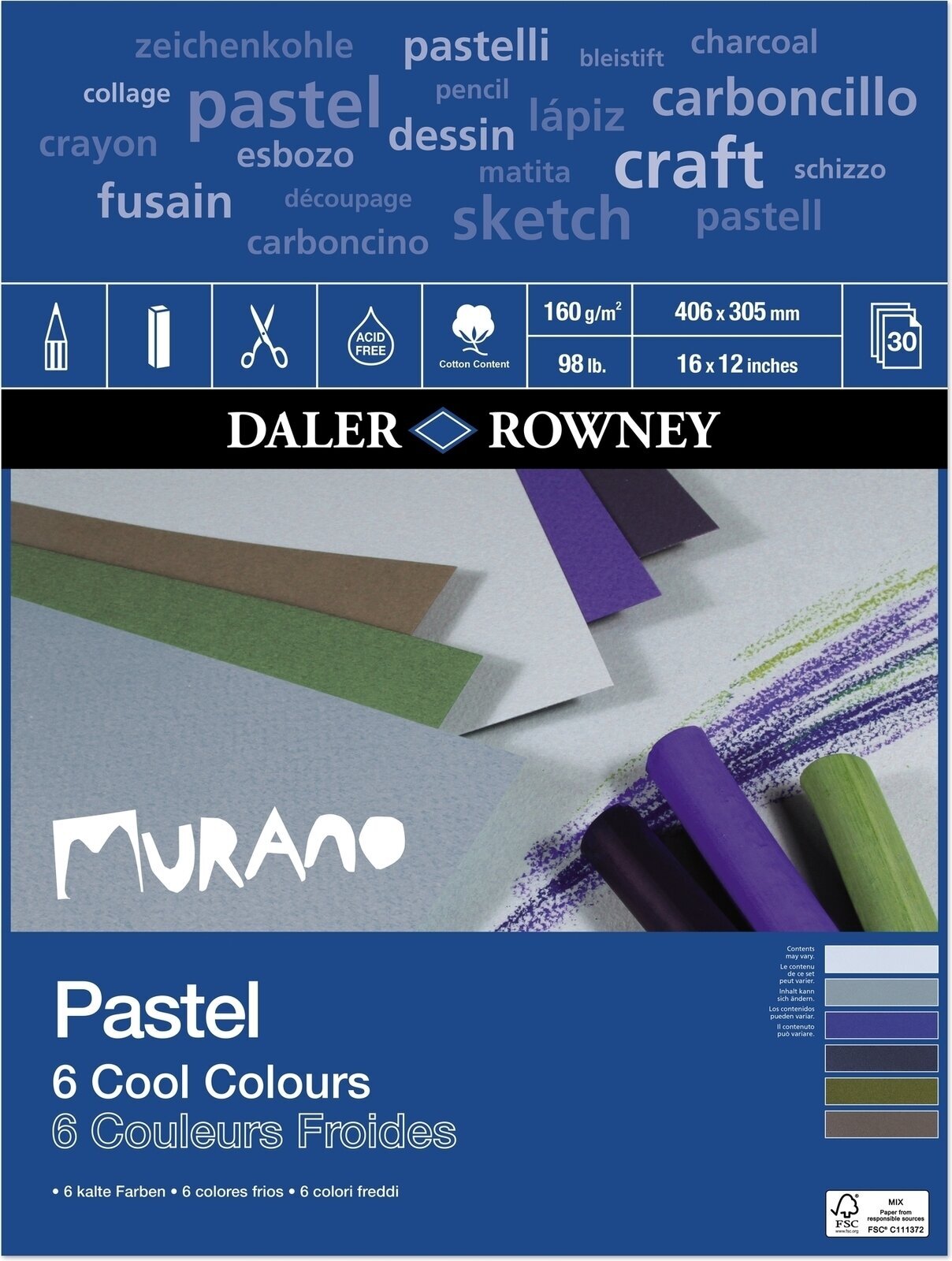 Vázlattömb Daler Rowney Murano Pastel Paper 40,6 x 30,5 cm 160 g Cool Colours Vázlattömb