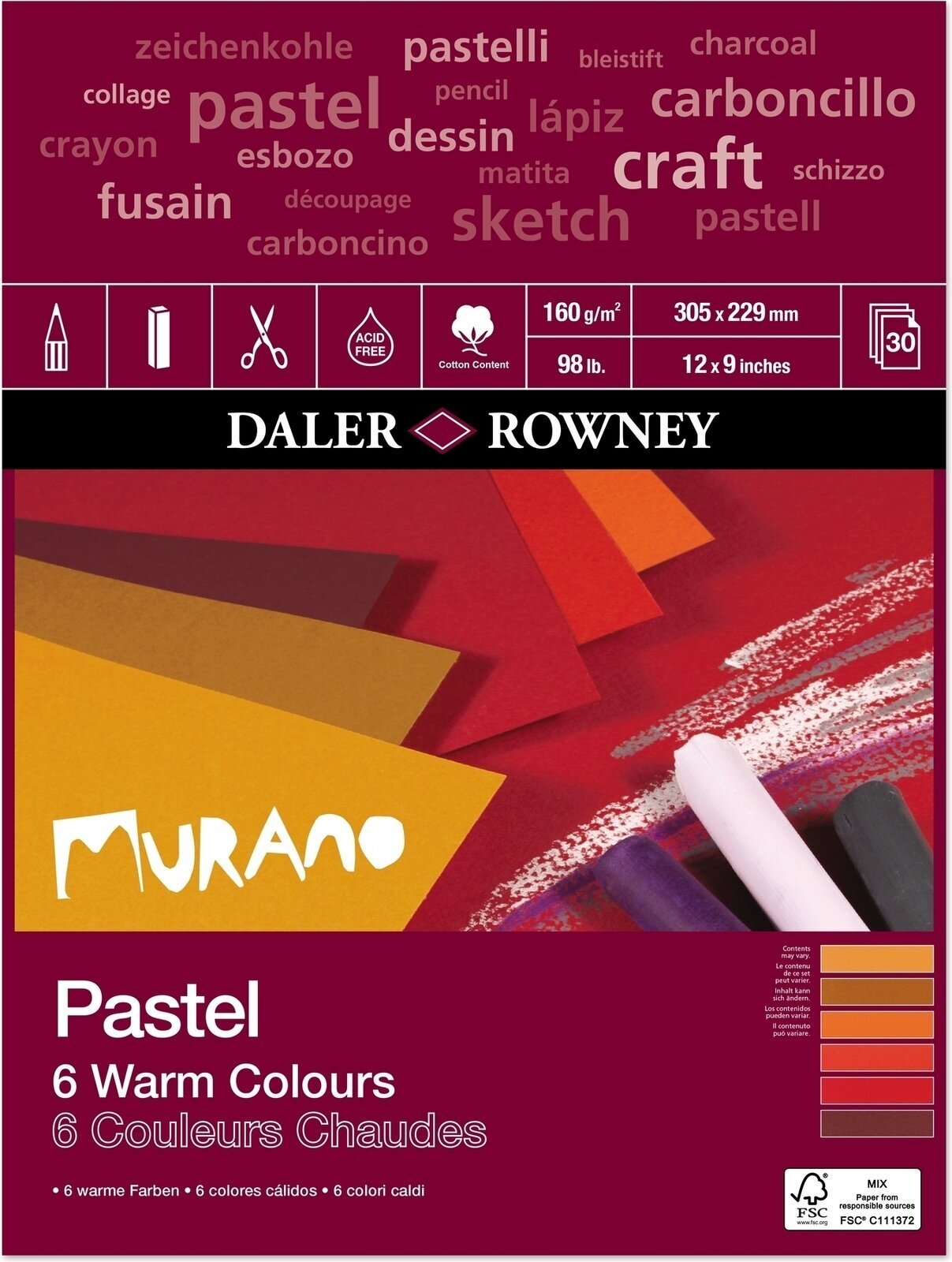 Vázlattömb Daler Rowney Murano Pastel Paper 30,5 x 22,9 cm 160 g Warm Colours Vázlattömb