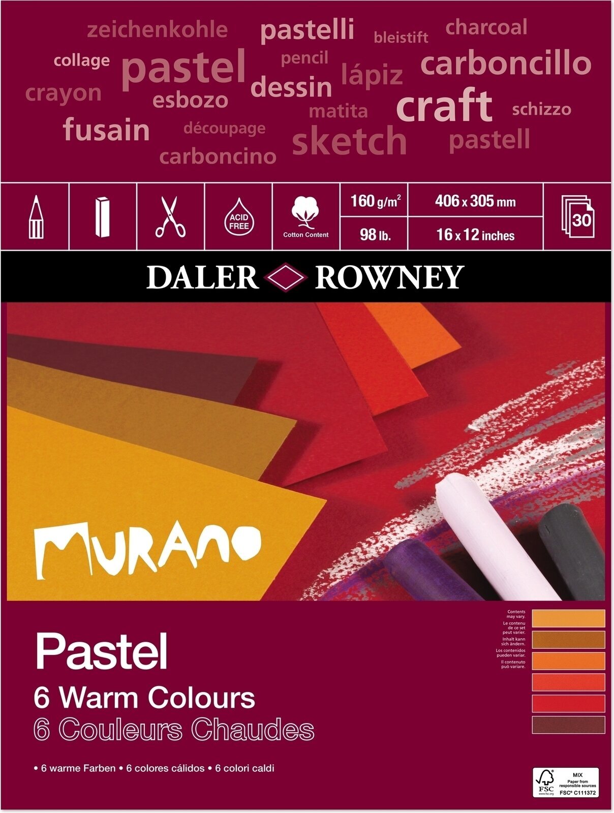 Bloc de dibujo Daler Rowney Murano Pastel Paper 40,6 x 30,5 cm 160 g Warm Colours Bloc de dibujo