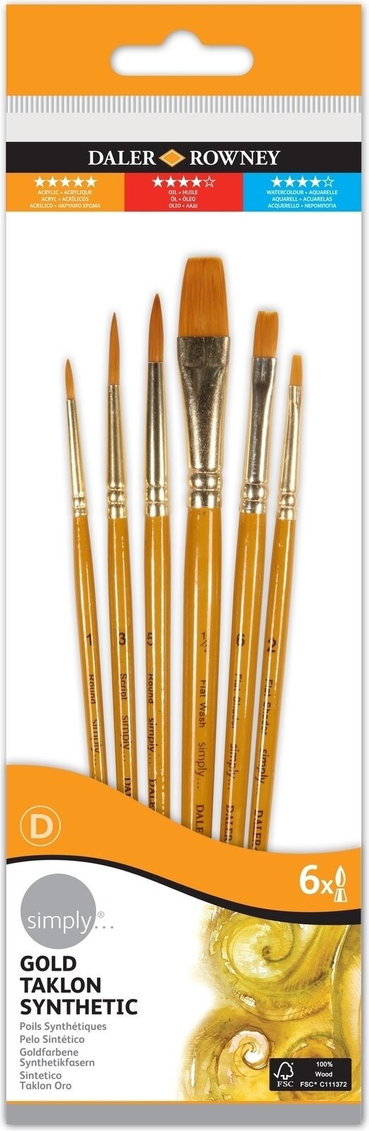 Målarpensel Daler Rowney Simply Acrylic Brush Gold Taklon Synthetic Penselset 1 st