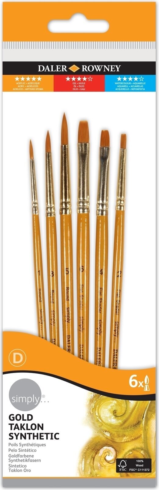 Målarpensel Daler Rowney Simply Acrylic Brush Gold Taklon Synthetic Penselset 1 st