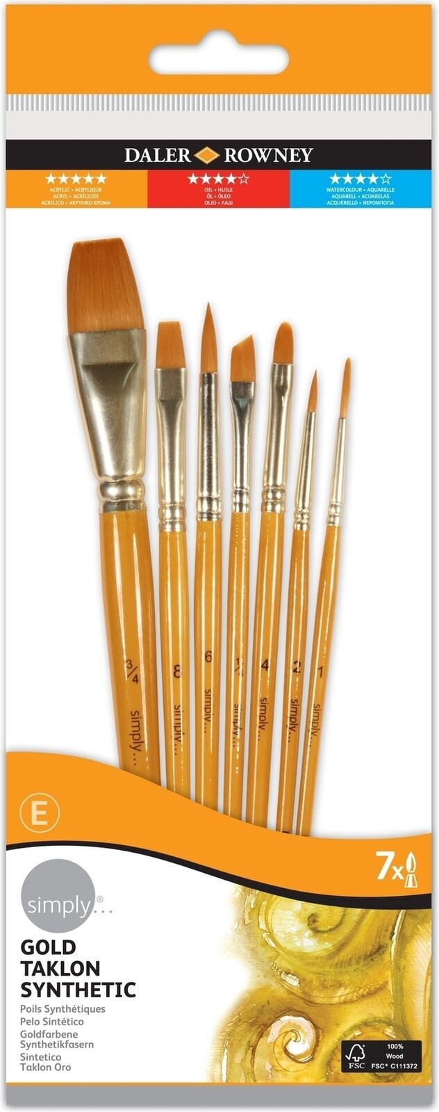 Pensula pictura Daler Rowney Simply Acrylic Brush Gold Taklon Synthetic Set pensule 1 buc