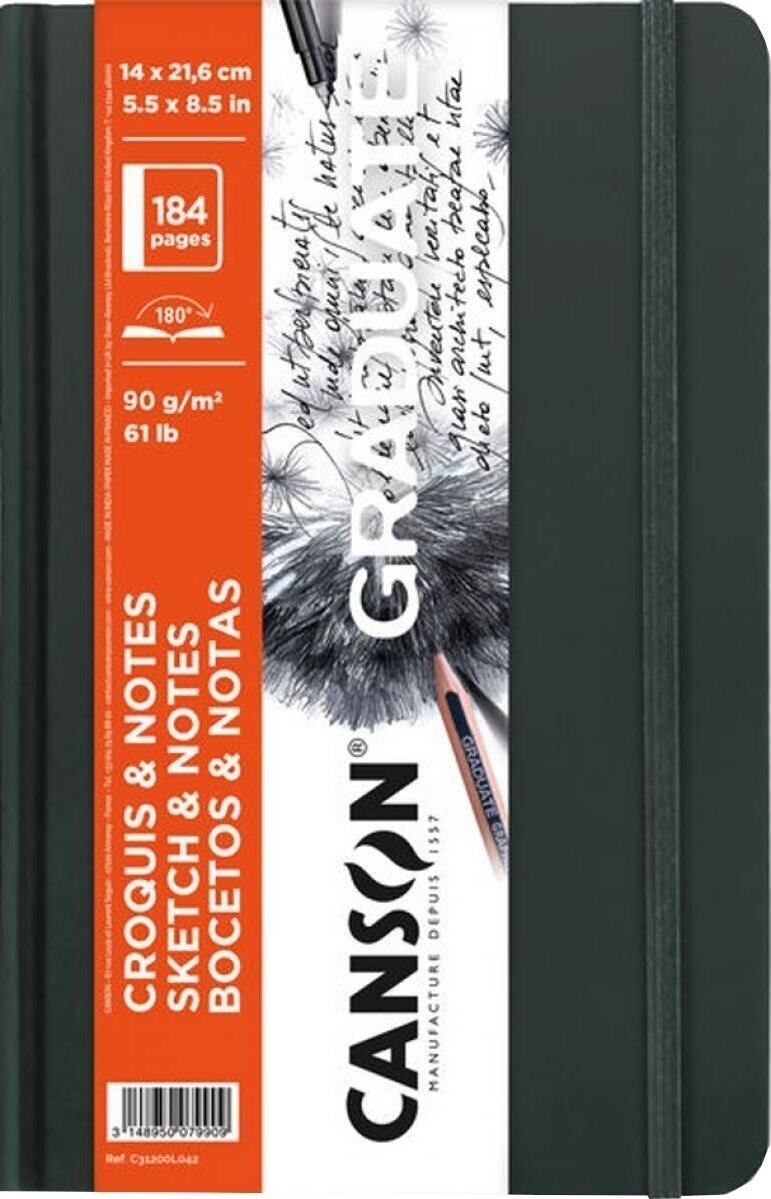 Schetsboek Canson Book Hardbound Graduate Sketch & Notes 21,6 x 14 cm 90 g Dark Grey Schetsboek