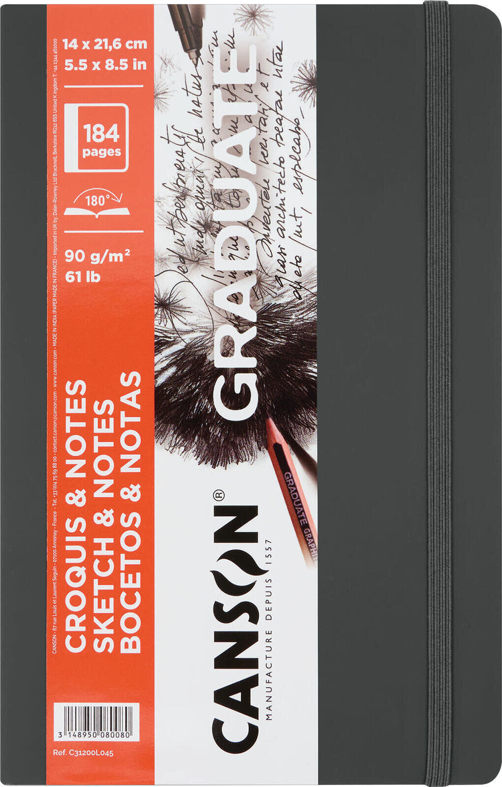Skissbok Canson Book Hardbound Graduate Sketch & Notes 21,6 x 14 cm 90 g Dark Grey Skissbok