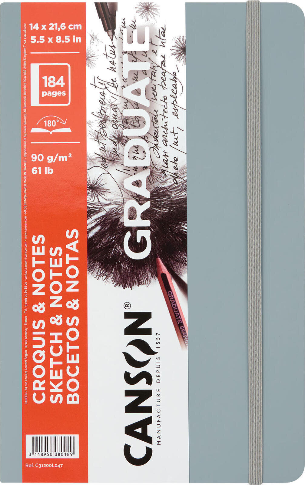 Schetsboek Canson Book Hardbound Graduate Sketch & Notes 21,6 x 14 cm 90 g Light Grey Schetsboek