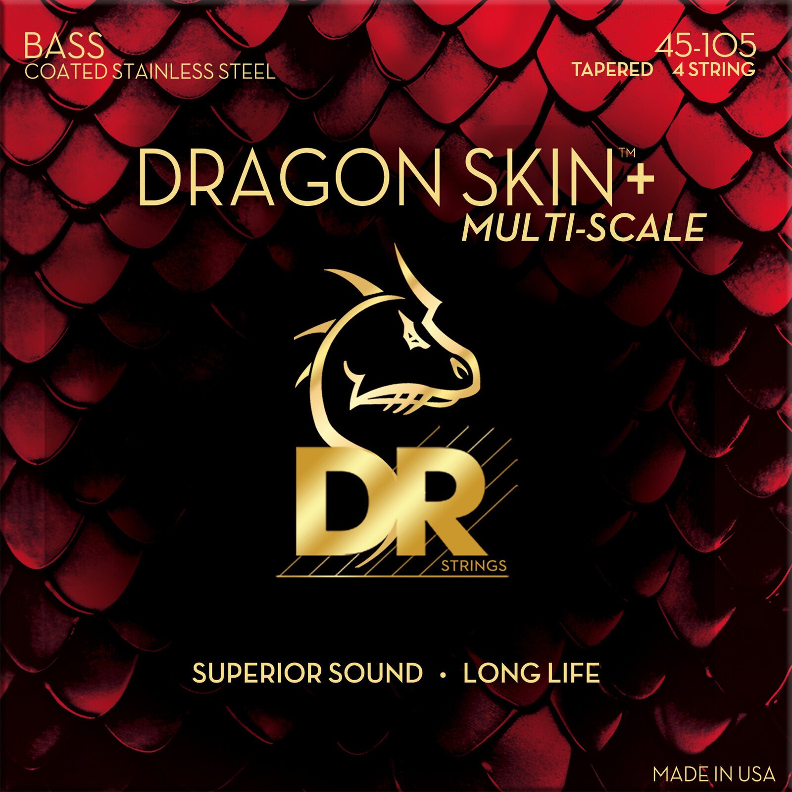 Bassguitar strings DR Strings Dragon Skin+ Coated Steel Medium 45-105 Tapered Multi-Scale Bassguitar strings