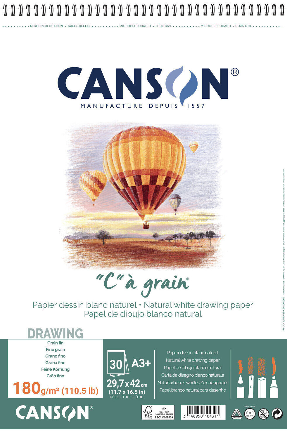 Sketchbook Canson Sp Càgrain A3 180 g White Sketchbook