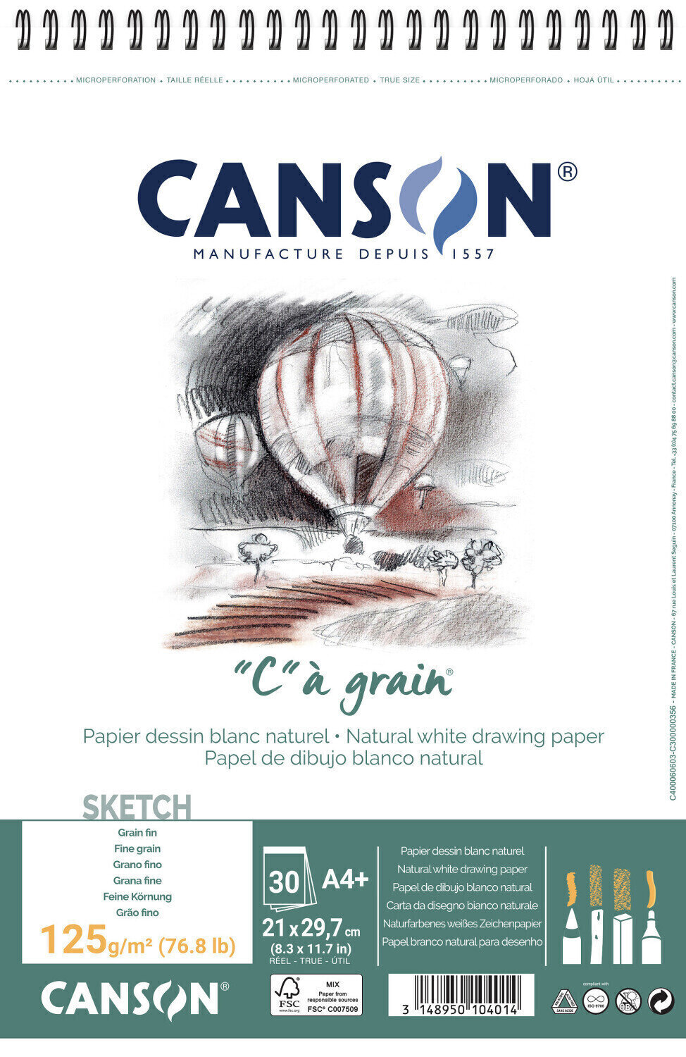 Sketchbook Canson Sp Càgrain A4 125 g White Sketchbook