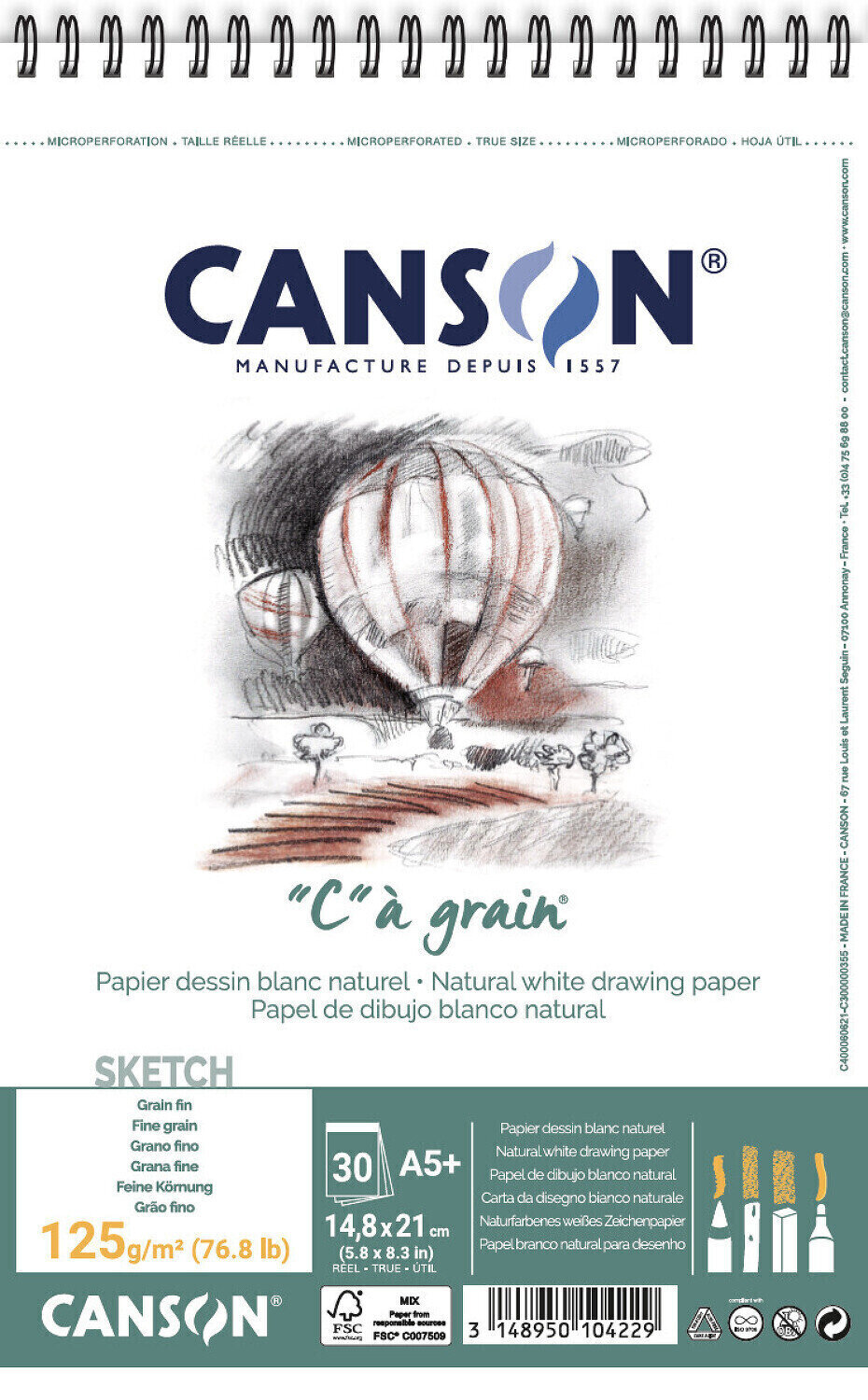 Sketchbook Canson Sp Càgrain A5 125 g White Sketchbook