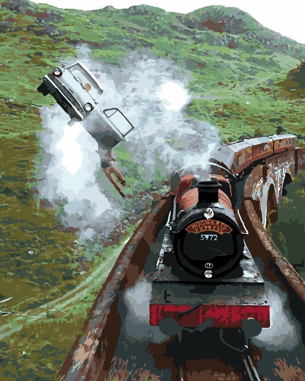 Målning med siffror Zuty Målning med siffror Harry Potter hängande från en flygande bil och Hogwarts Express