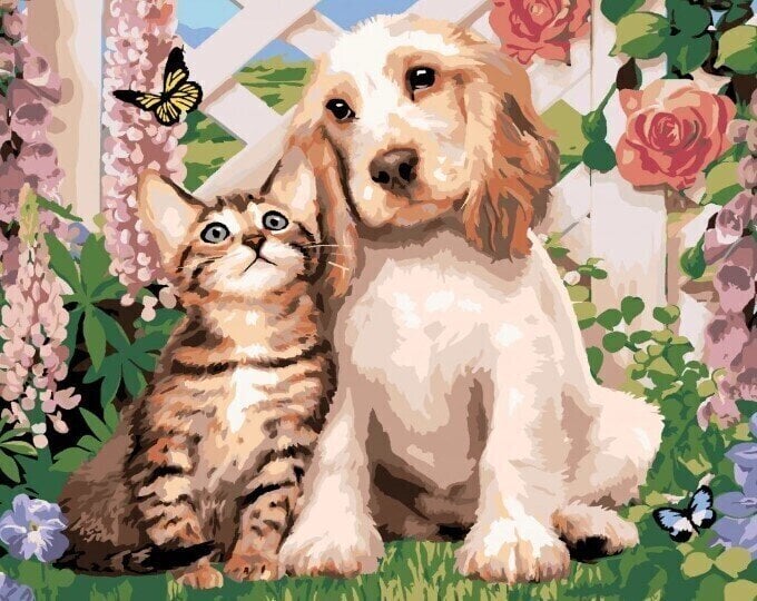 Malowanie po numerach Zuty Malowanie po numerach Pies i kot wśród kwiatów (Howard Robinson)