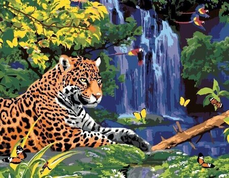 Рисуване по номера Zuty Рисуване по номера Ягуар при водопада и папагали (Хауърд Робинсън) - 1