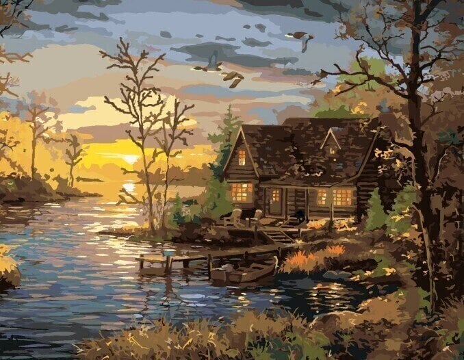 Picturi pe numere Zuty Picturi pe numere Jetty and Cottage by the Lake and Sunset (Abraham Hunter)