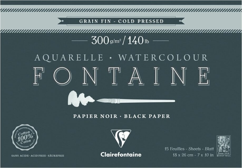 Livro de desenho Clairefontaine Fontaine Black Cold-Pressed Glued Pad On 4 Sides 18 x 26 cm 300 g Livro de desenho