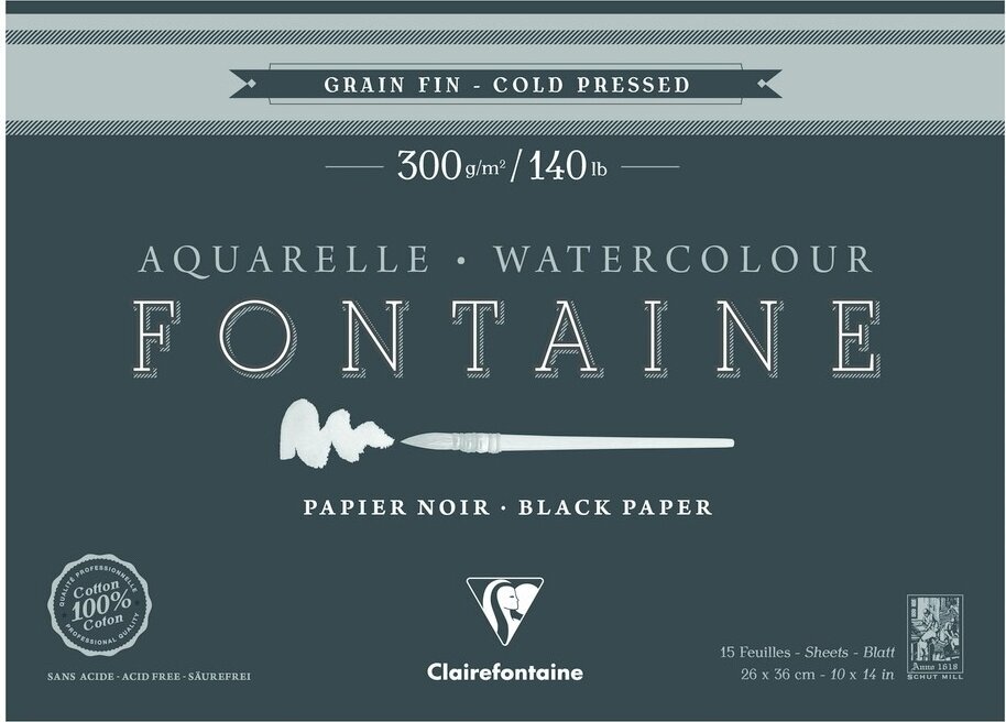 Skizzenbuch Clairefontaine Fontaine Black Cold-Pressed Glued Pad On 4 Sides 26 x 36 cm 300 g Skizzenbuch