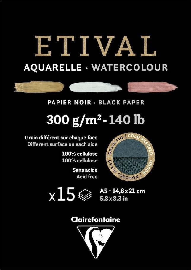 Livro de desenho Clairefontaine Etival Black Double-Grain Glued Pad On 1 Side A5 300 g Livro de desenho