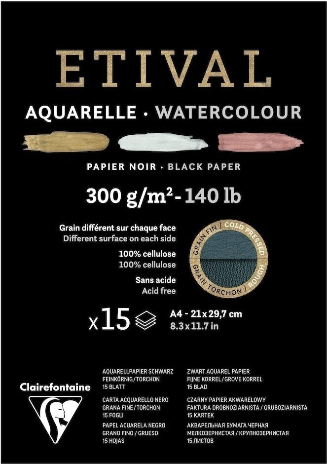 Bloc de dibujo Clairefontaine Etival Black Double-Grain Glued Pad On 1 Side A4 300 g Bloc de dibujo