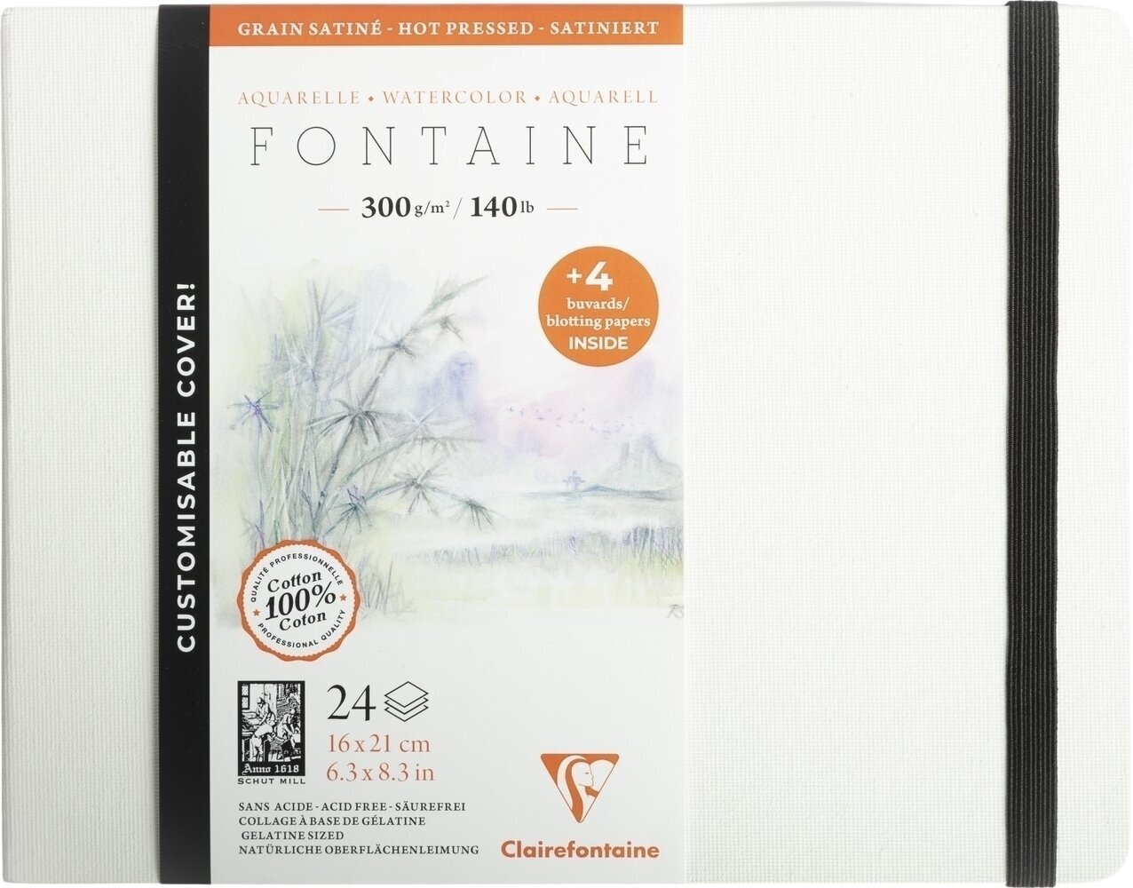 Skissbok Clairefontaine Fontaine Hot-Pressed Hardbound Book + 4 Blotting Papers 21 x 16 cm 300 g Skissbok