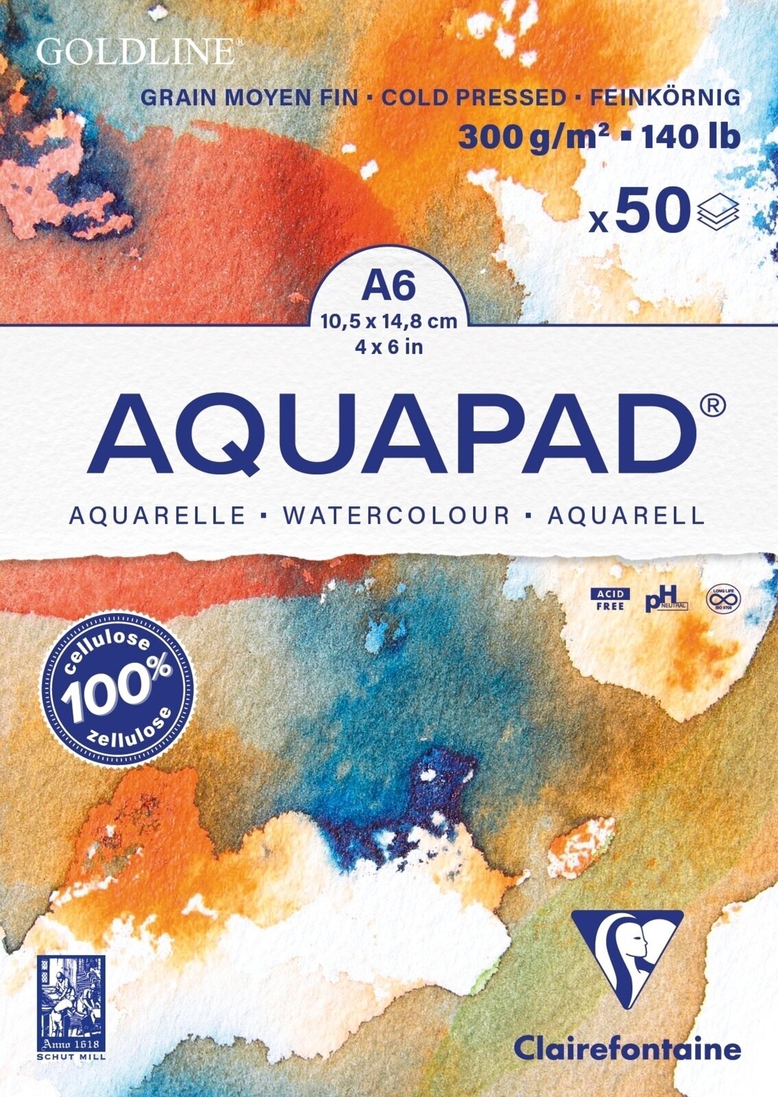 Vázlattömb Clairefontaine Goldline Aquapad Glued Pad A6 300 g Vázlattömb