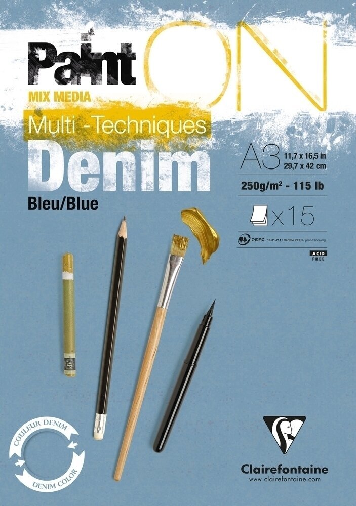 Livro de desenho Clairefontaine Paint'On Pad Denim Blue Glued A3 250 g Livro de desenho