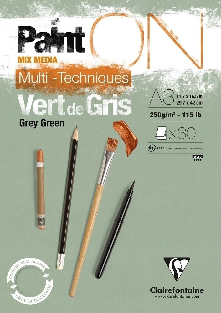 Livro de desenho Clairefontaine Paint'On Pad Grey Green Glued A3 250 g Livro de desenho