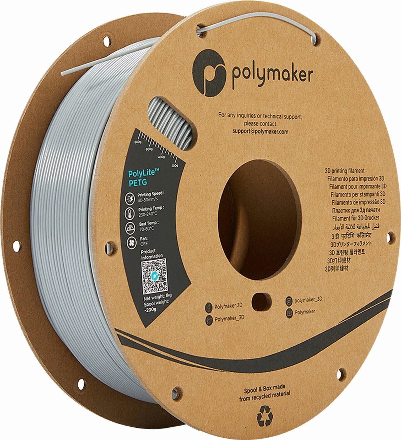 Filament Polymaker PolyLite PETG Filament 1,75 mm 1 kg Gri