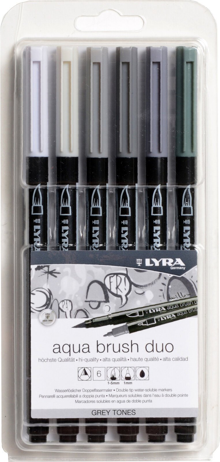 Feutre à point Lyra Double Tip Aqua Duo Cartouche d'encre Grey Tones 6 pièces