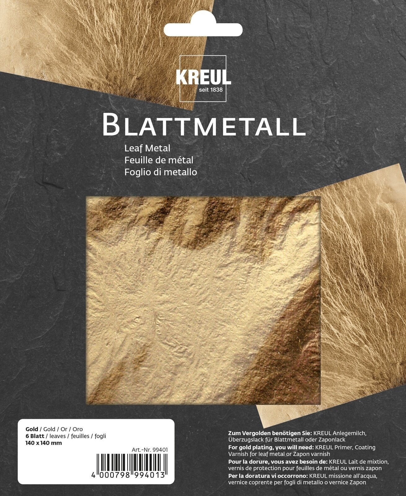 Oro platino Kreul 99401 Rebanadas metalicas Gold 140 x 140 mm 6 pcs