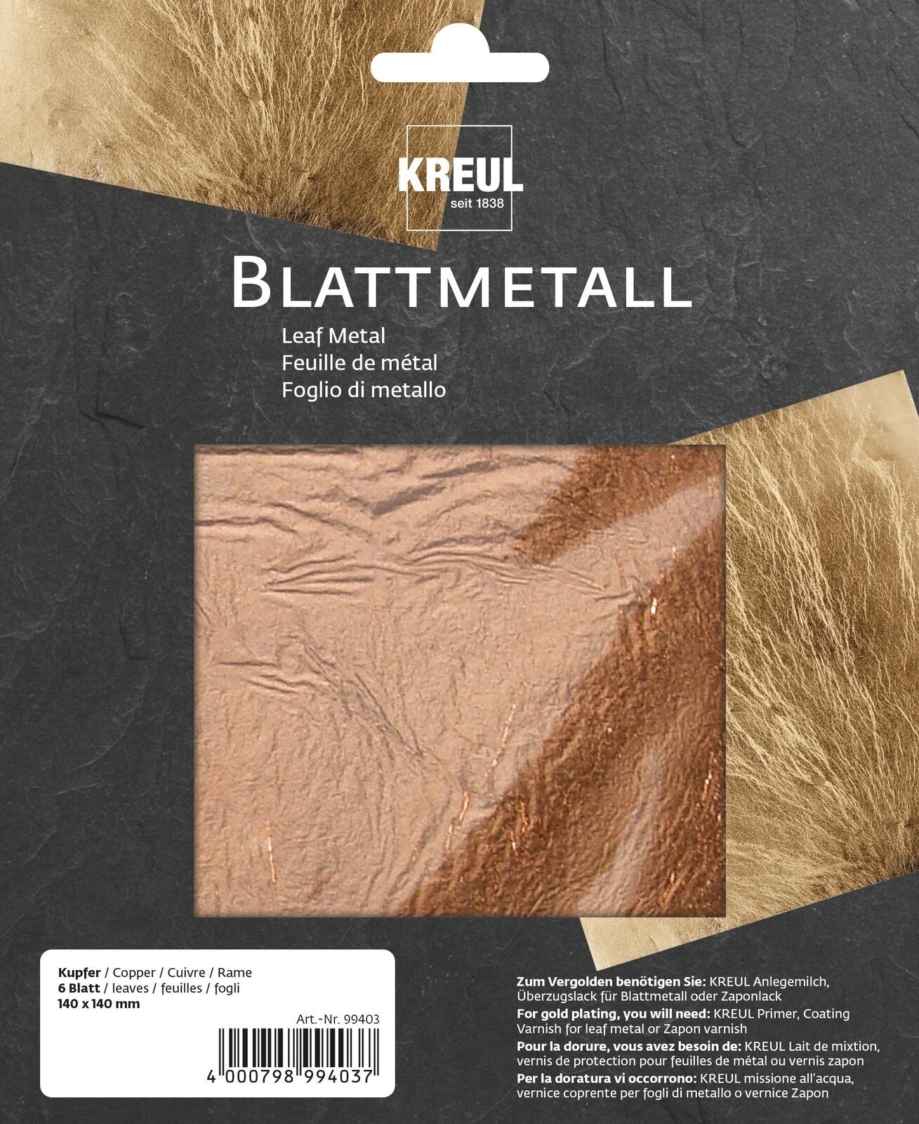 Pozłacane Kreul 99403 Plasterki metaliczne Copper 140 x 140 mm 6 szt