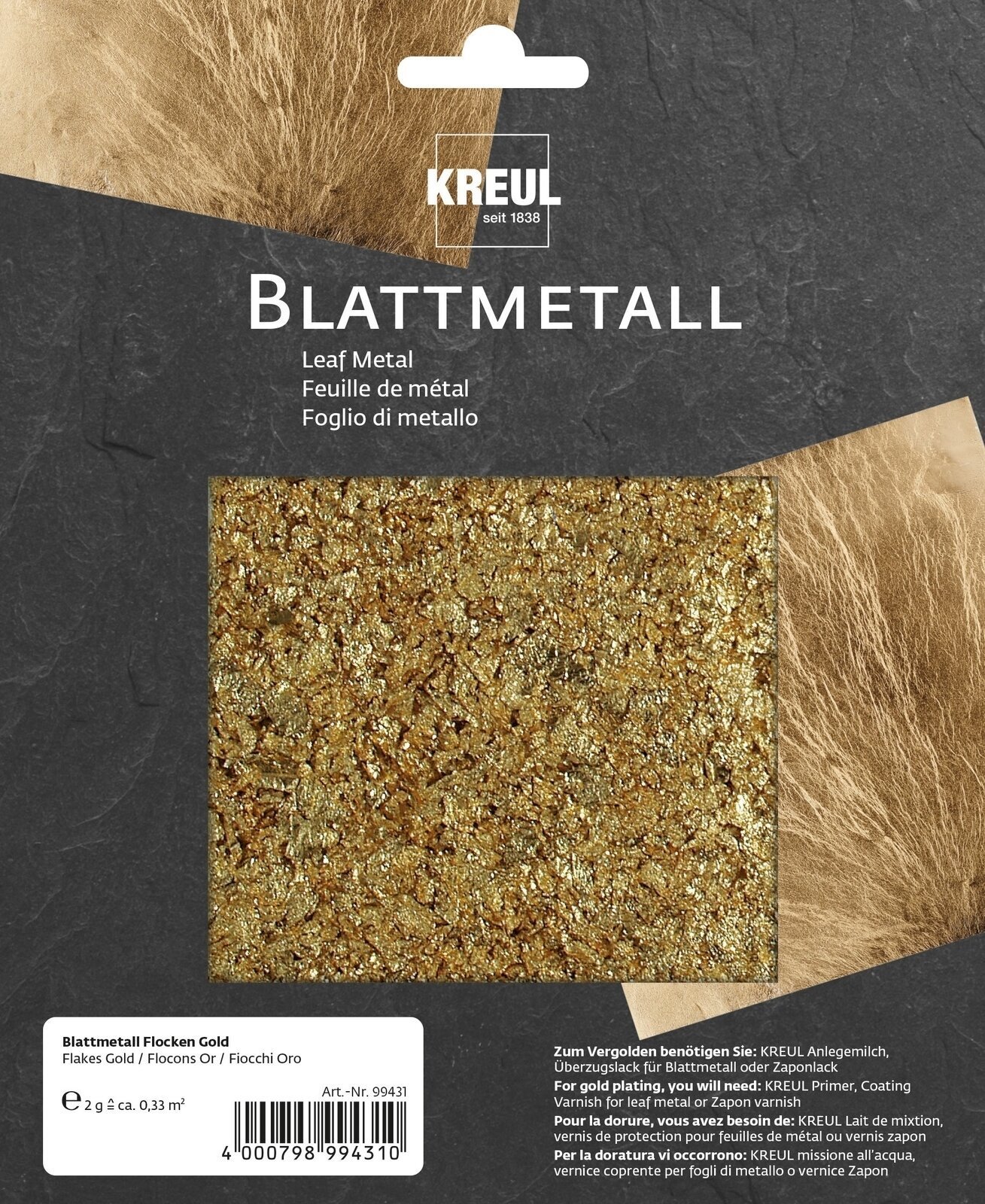 Placage d'or Kreul 99431 Tranches métalliques Gold 2 g