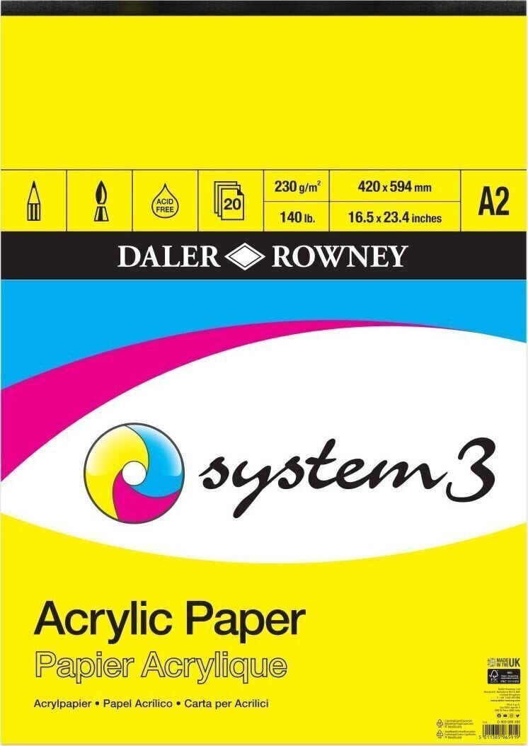 Eskizų knygelė Daler Rowney System3 Acrylic Paper Linen Texture 230g A2 White 20 Sheets