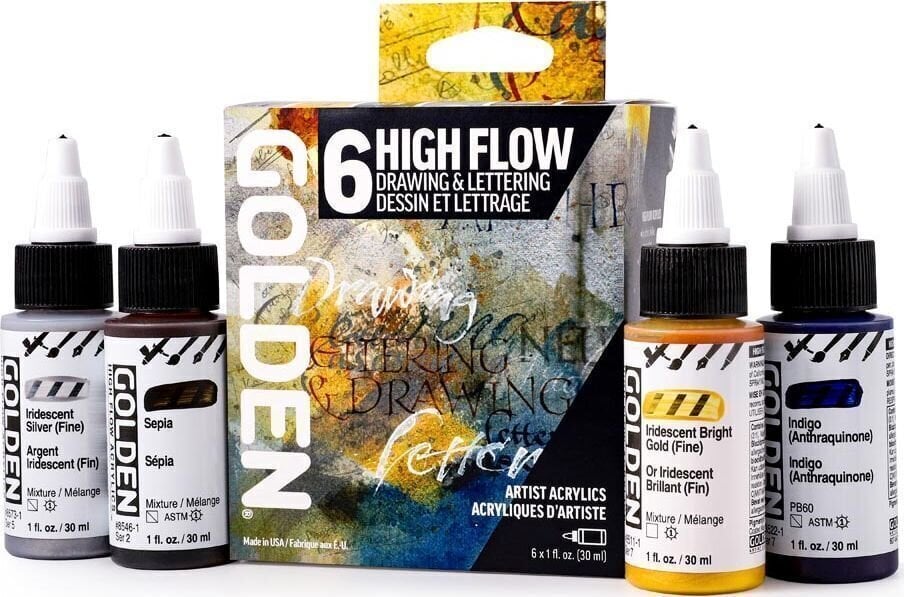 Culoare acrilică Golden Artist Colors High Flow Drawing & Lettering Set de vopsele acrilice 6 x 30 ml
