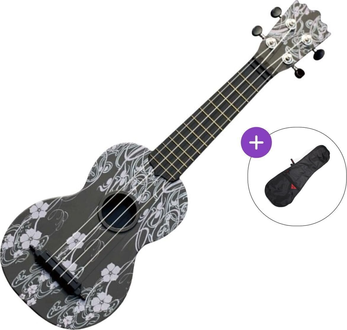 Soprano ukulele Pasadena WU-21F7-BK SET Floral Black Soprano ukulele