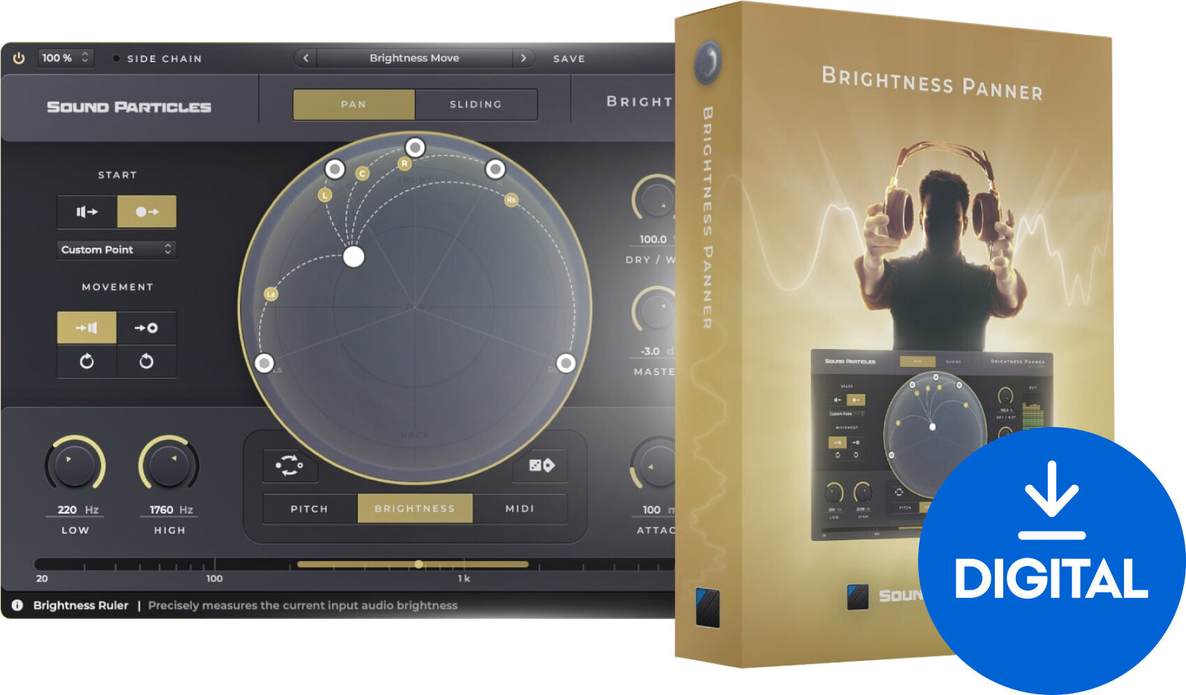 FX protsessori tarkvara pistikprogramm Sound Particles Brightness Panner (Digitaalne toode)