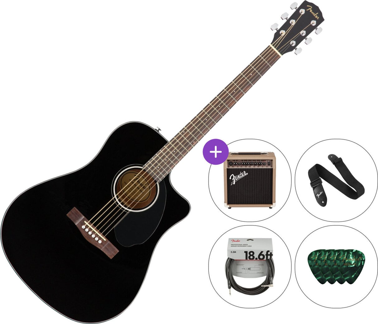 Fender CD-60SCE Black PACK Black Dreadnought z elektroniką - Muziker