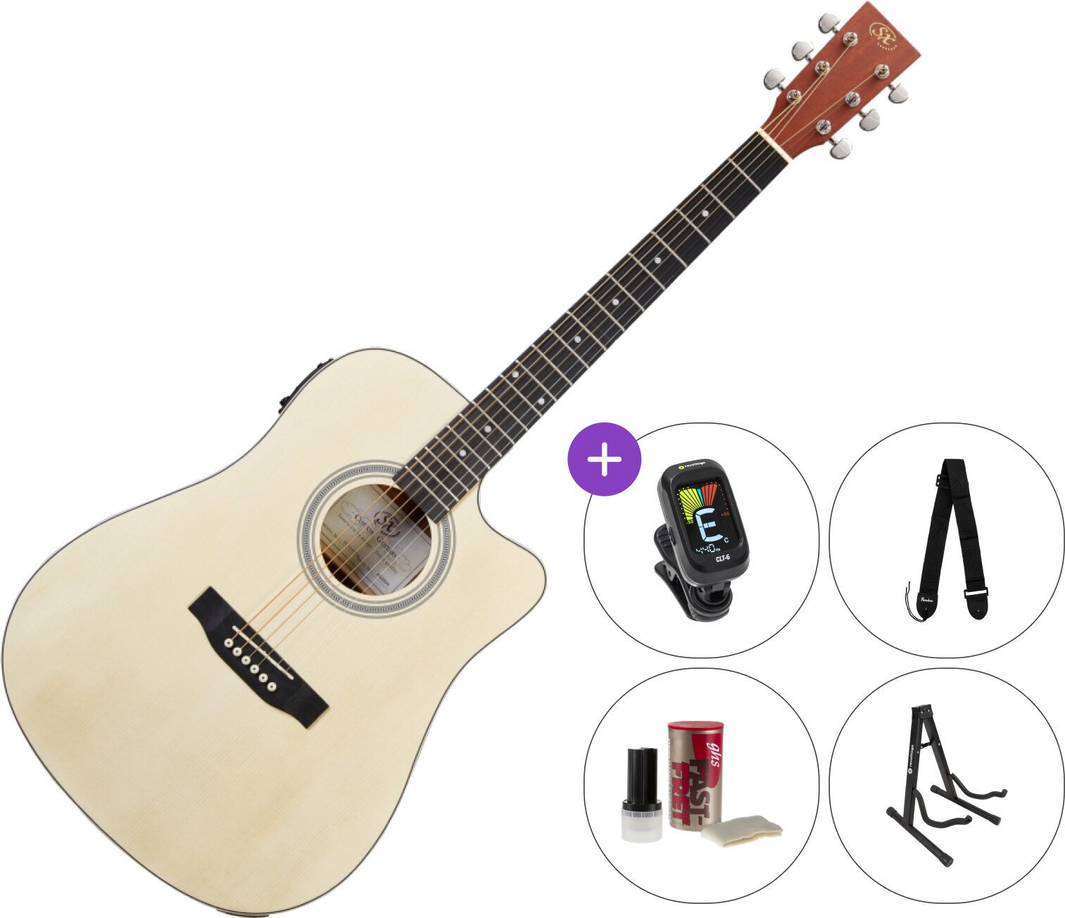Dreadnought z elektroniką SX SD304TCE SET 2 Natural Dreadnought z elektroniką