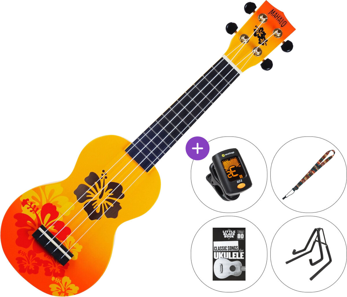 Soprano ukulele Mahalo Hibiscus SET 2 Hibiscus Orange Burst Soprano ukulele