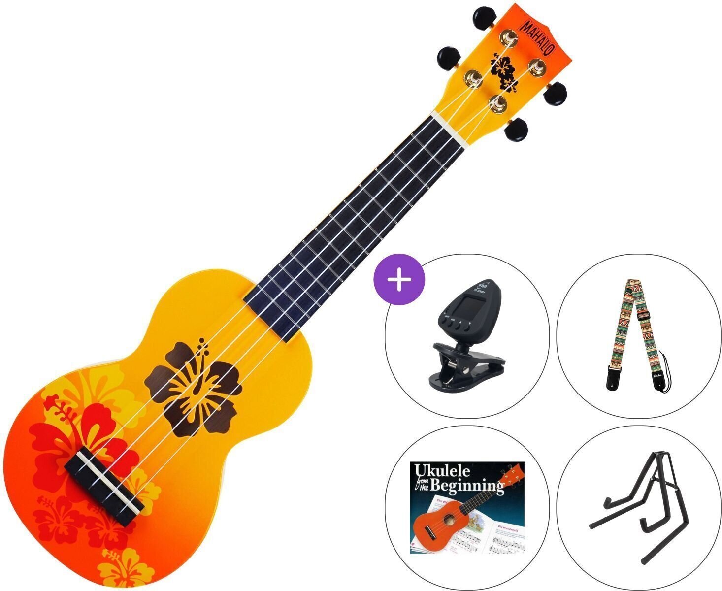 Ukulélé soprano Mahalo Hibiscus SET Hibiscus Orange Burst Ukulélé soprano