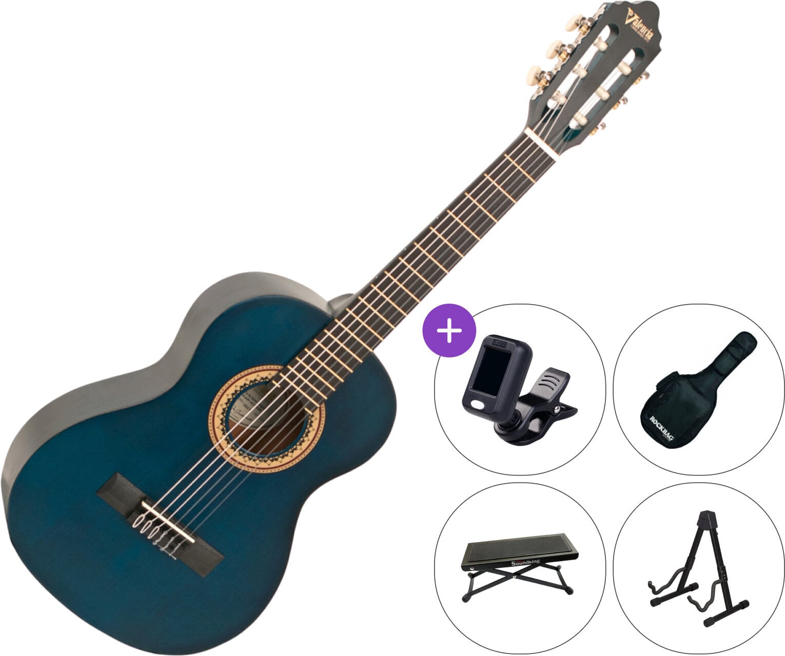 Gitara klasyczna 1/2 dla dzieci Valencia VC202 SET Transparent Blue Gitara klasyczna 1/2 dla dzieci