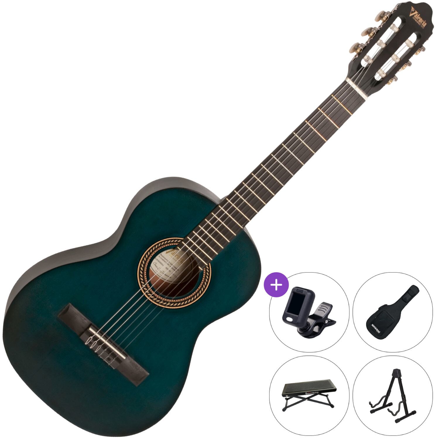 3/4 Konzertgitarre für Kinder Valencia VC203 SET Transparent Blue 3/4 Konzertgitarre für Kinder